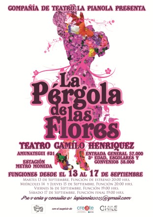 Afiche del teatro Camilo Henríquez con la obra "La Pérgola de las Flores" (imagen del website, historia del teatro)