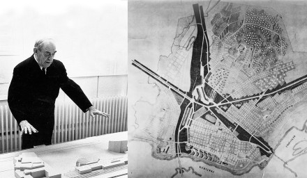 Alvar Aalto creando la planificación urbana de la ciudad de Rovaniemi. Imagen obtenida del sitio web visitrovaniemi.fi